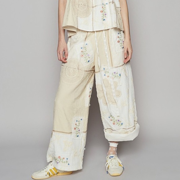POL Pants - POL Floral Crochet Embroidered Color Block Stretchy Drawstring Waist Pants